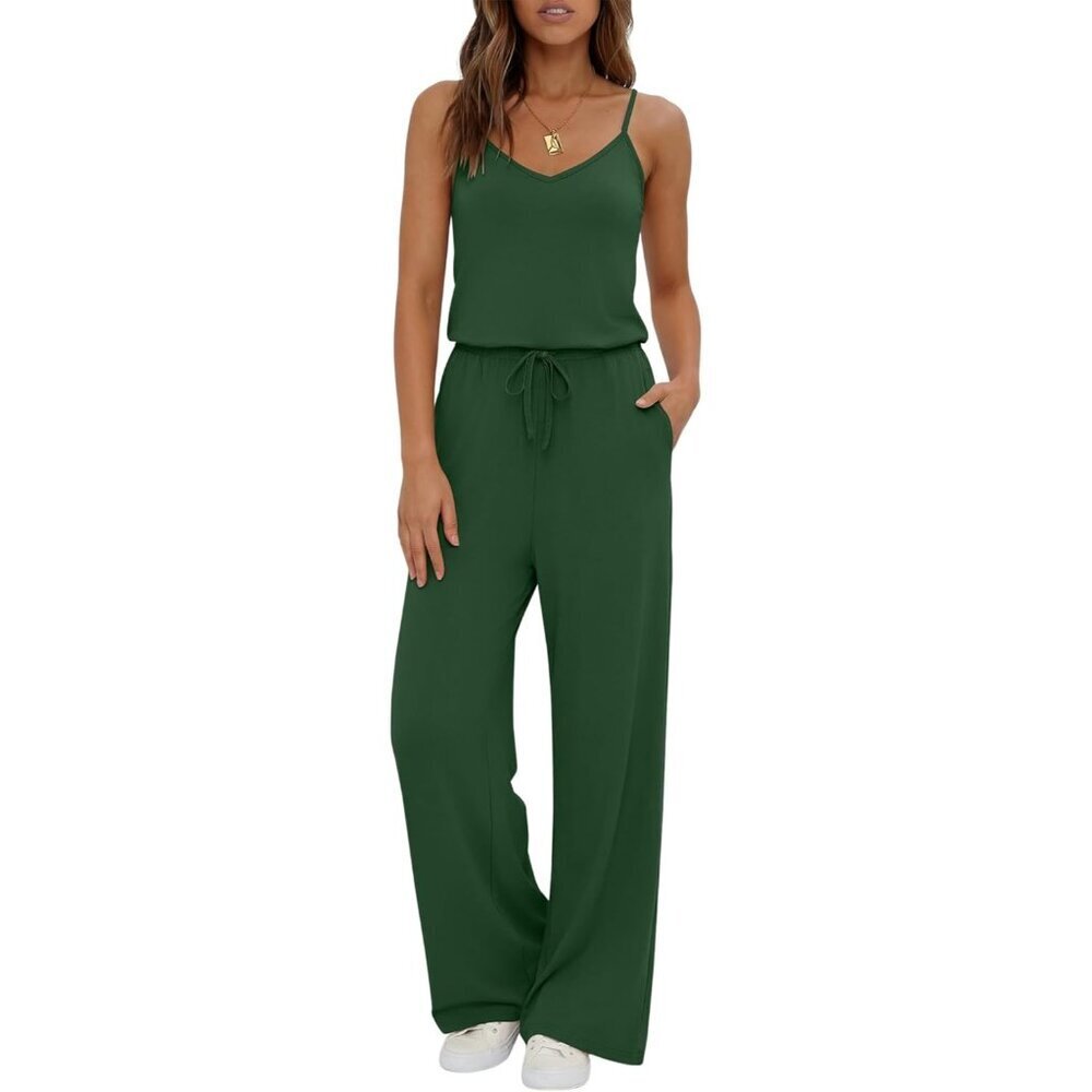 Women's Green Summer Dressy Sleeveless Wide Leg Long Pant Romper Jumpsuit